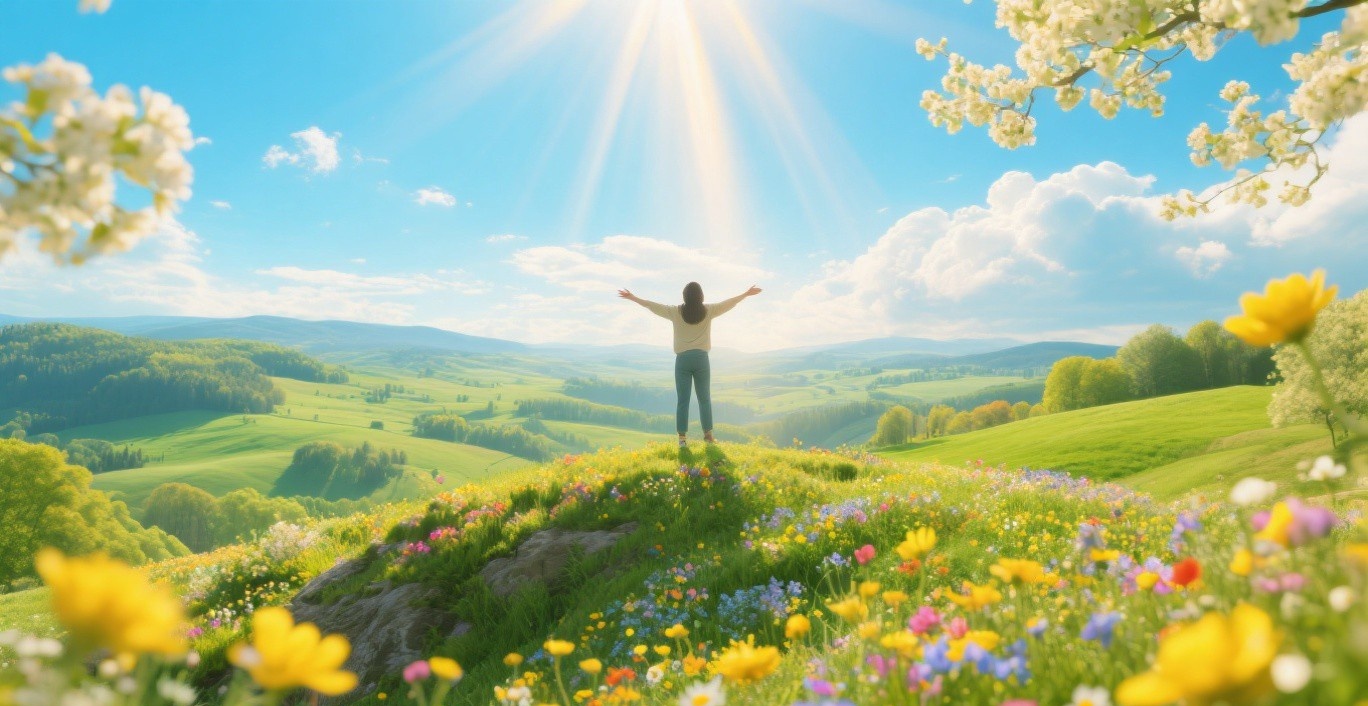 Person standing in a sunlit spring meadow with arms stretched wide, symbolizing the natural mood improvement that comes with April