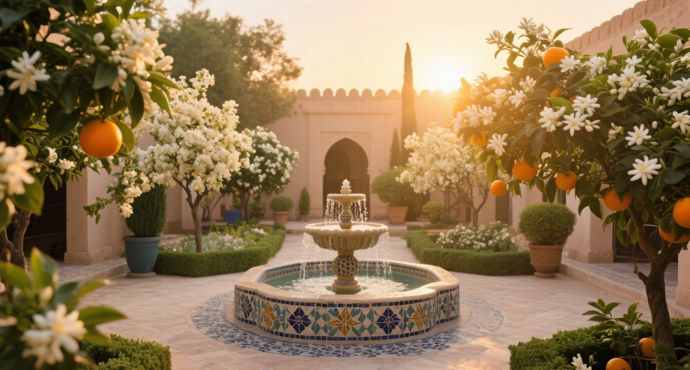 Beautiful spring garden with blooming flowers and peaceful atmosphere, sunrise