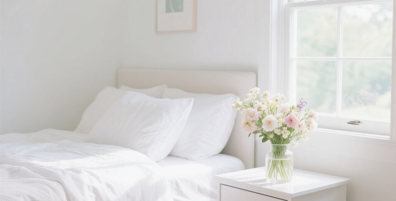 Beautifully organized bedroom with fresh spring flowers and clean white linens