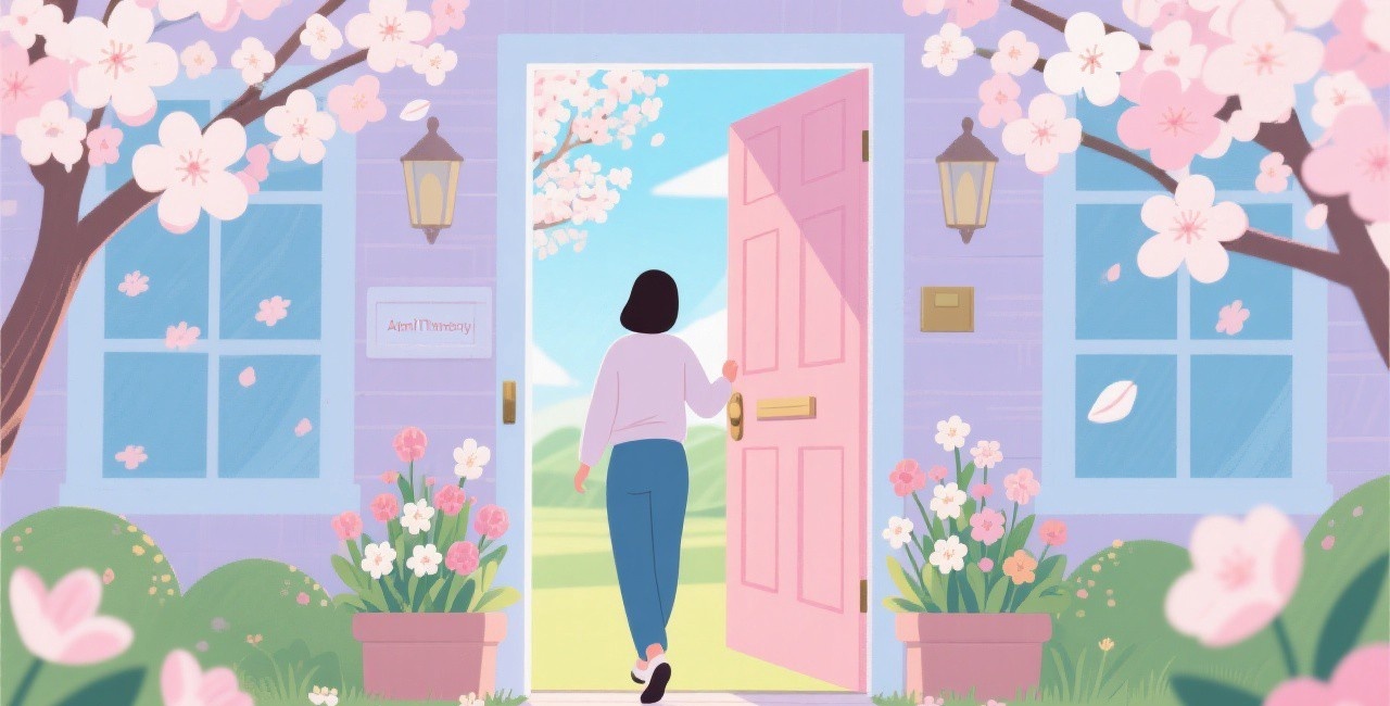 >- A welcoming spring doorway with flowers, a person stepping through into bright spring day, representing beginners starting April Theory