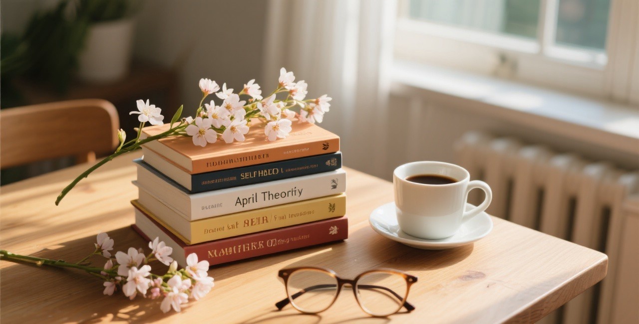 A stack of self-help books with spring flowers and coffee, representing April Theory reading recommendations