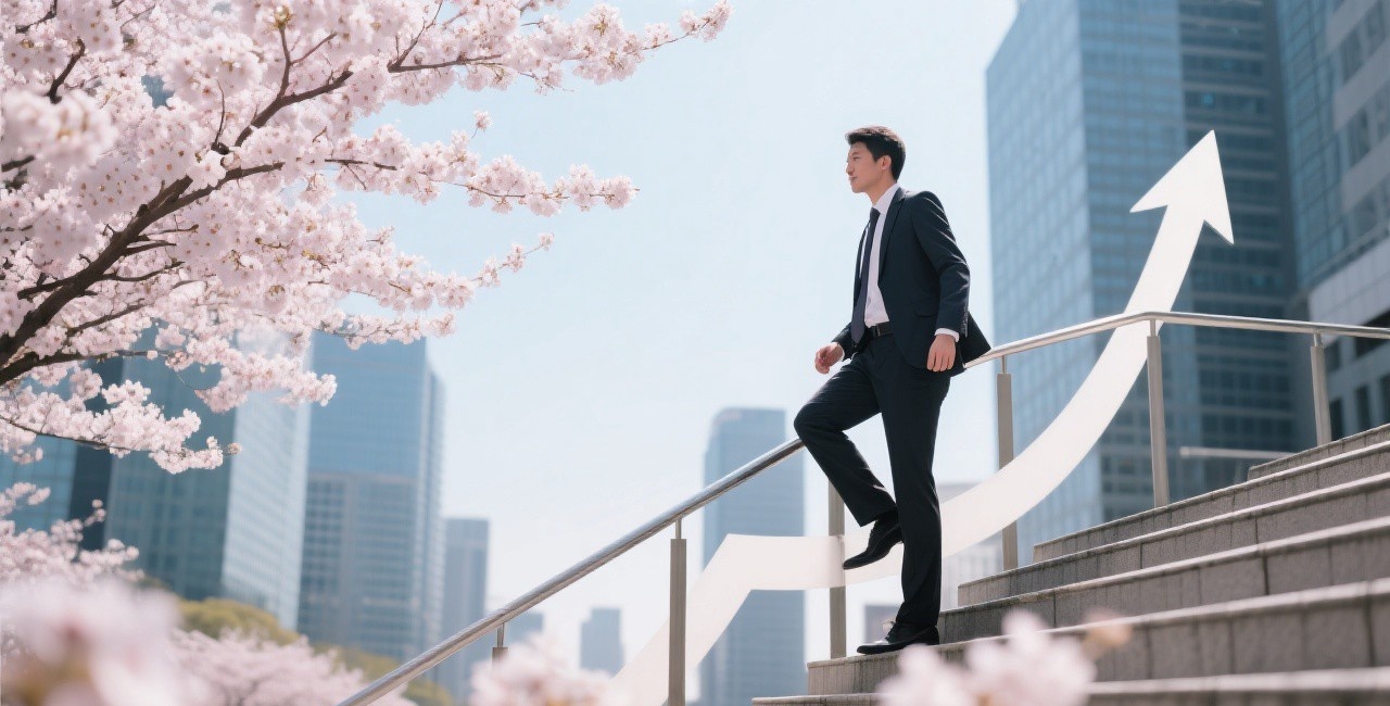 A professional climbing stairs toward success with spring cityscape background, representing career growth