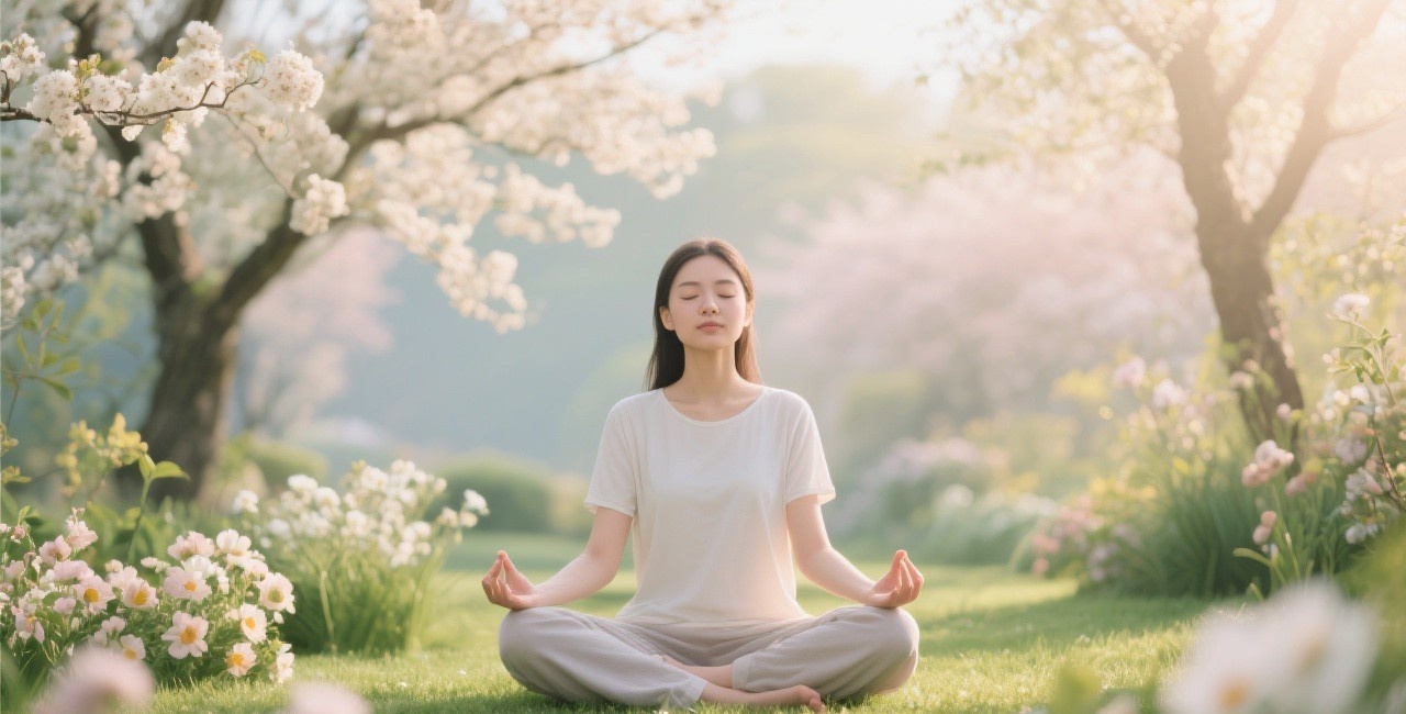Peaceful woman meditating in spring garden with blooming flowers
