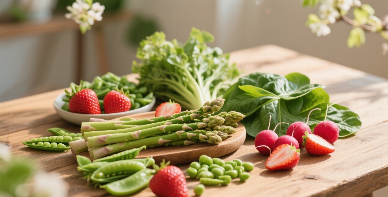 >- Fresh spring vegetables and fruits arranged beautifully with sunlight, representing healthy spring eating and April Theory diet