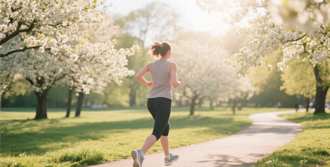 A person running outdoors on a spring morning park path with blooming trees, representing spring fitness