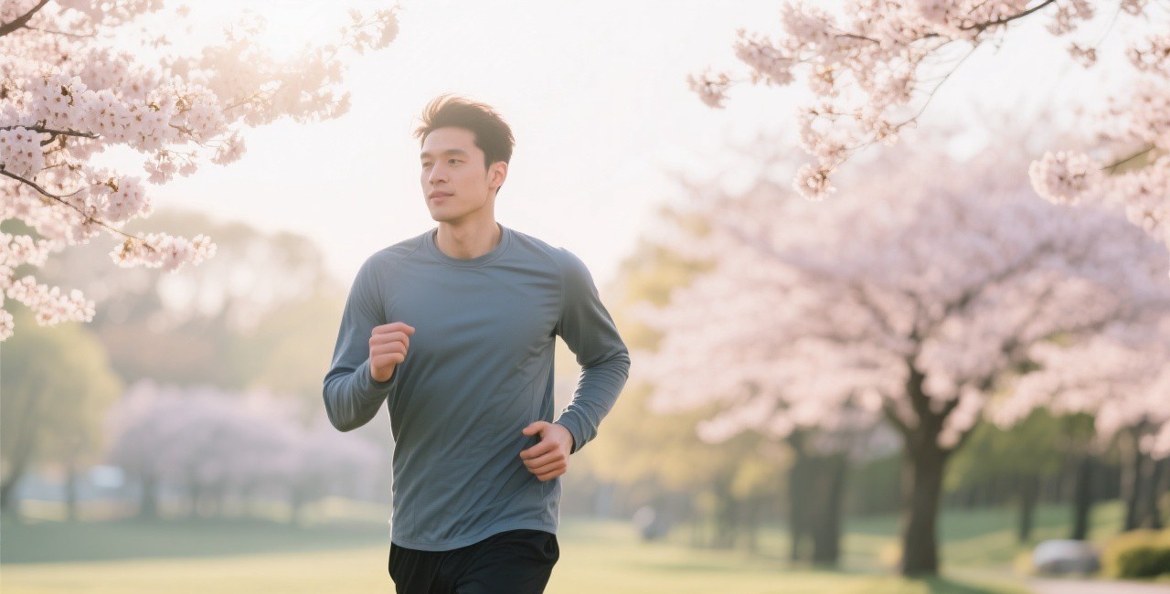 Confident man jogging outdoors in spring park with cherry blossoms