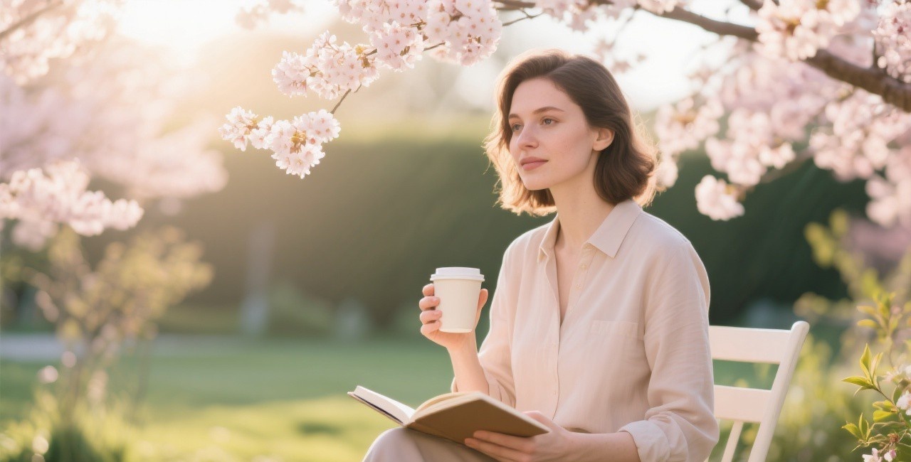 Confident woman enjoying spring morning with coffee and journal outdoors