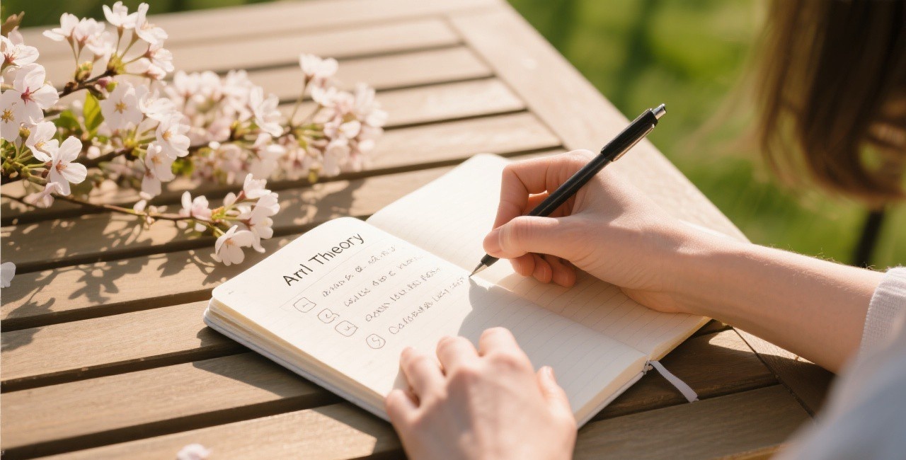 A person writing goals in a journal on an outdoor table with spring flowers, representing spring goal setting