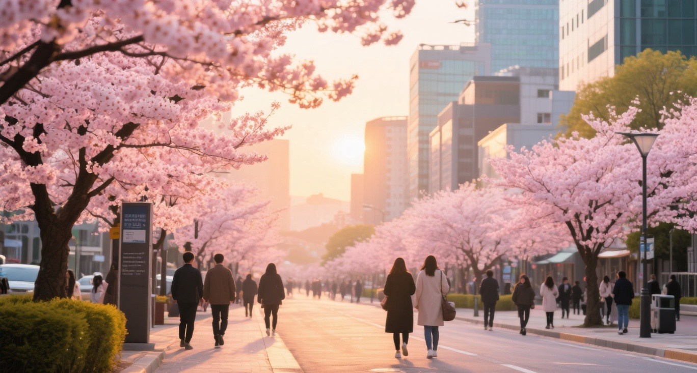 Beautiful spring scene with Korean cherry blossoms and modern cityscape