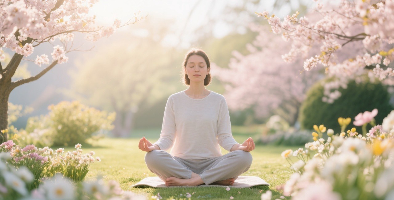 A peaceful person meditating outdoors in a spring garden, representing mental wellness and spring renewal