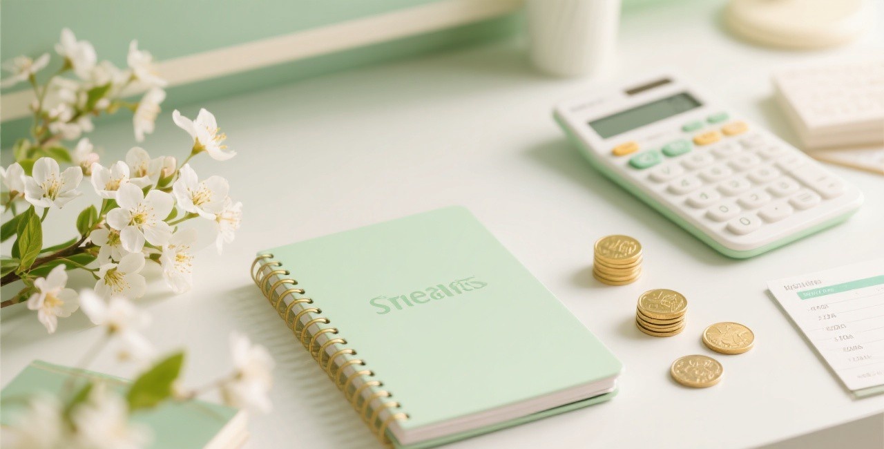 Financial fresh start with notebook, calculator, coins, and spring flowers