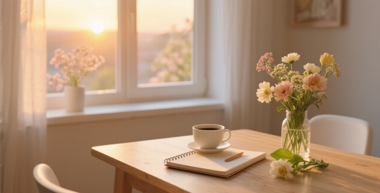 >- Peaceful morning routine with journal, coffee, and fresh flowers on a wooden table