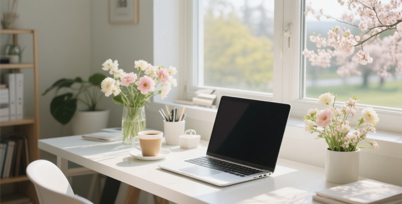 A productive workspace near a window with spring view and natural light, representing spring productivity