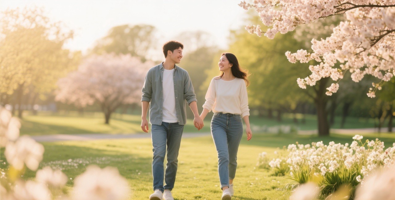A happy couple walking hand in hand through a spring park with blooming flowers, representing relationship growth