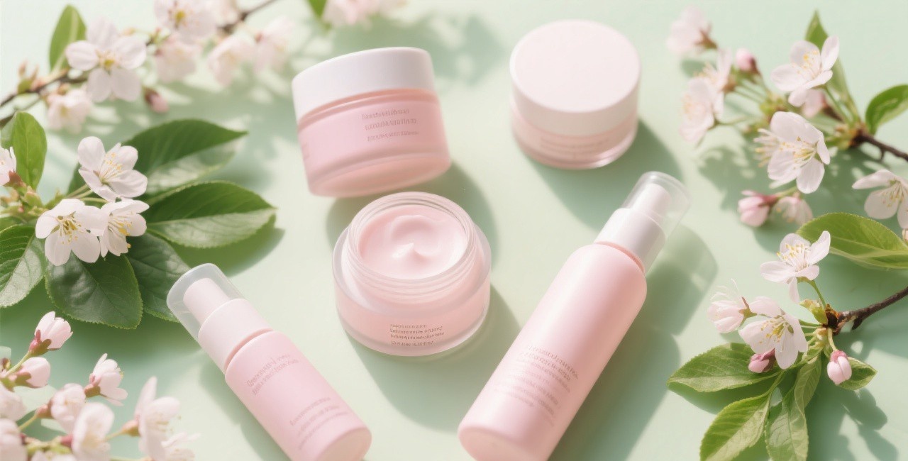 Skincare products arranged with fresh spring flowers and green leaves