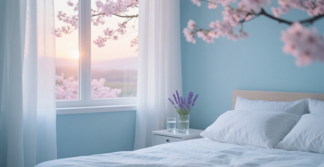 Peaceful bedroom with open window showing spring sunrise, fresh flowers on nightstand, representing spring sleep renewal