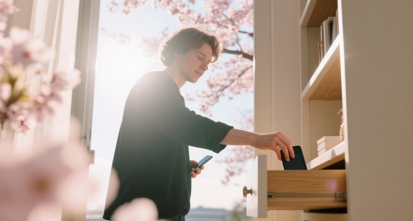 Person putting phone away in drawer, enjoying spring morning outdoors