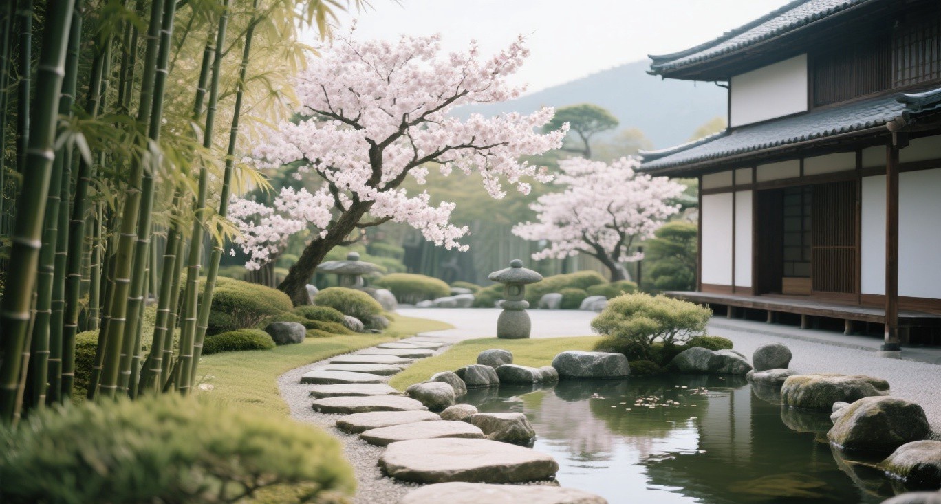 Peaceful Japanese garden in spring with cherry blossoms and zen atmosphere
