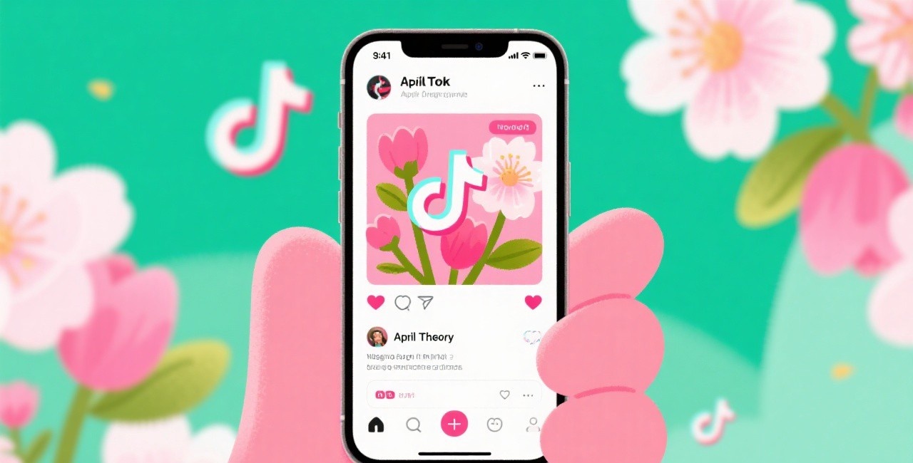 TikTok interface on smartphone showing April Theory content with spring flowers, representing the viral social media trend