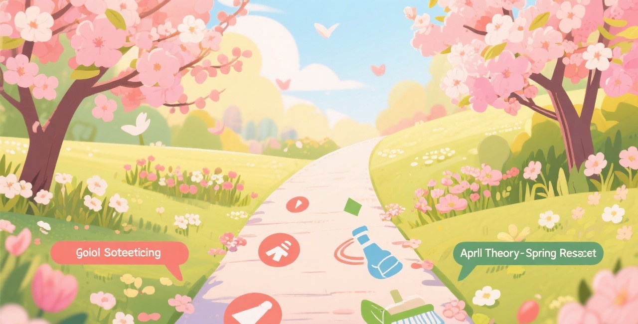 >- Split image comparing April Theory concept with Spring Reset concept, both showing spring renewal themes