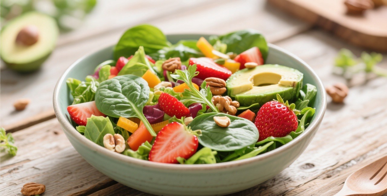 Healthy spring salad with fresh vegetables and fruits on wooden table