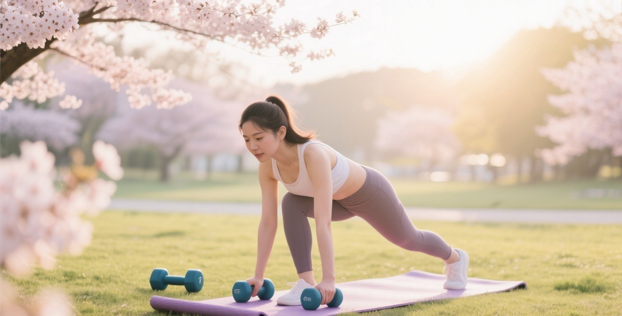 Person doing outdoor spring workout in a park with cherry blossoms