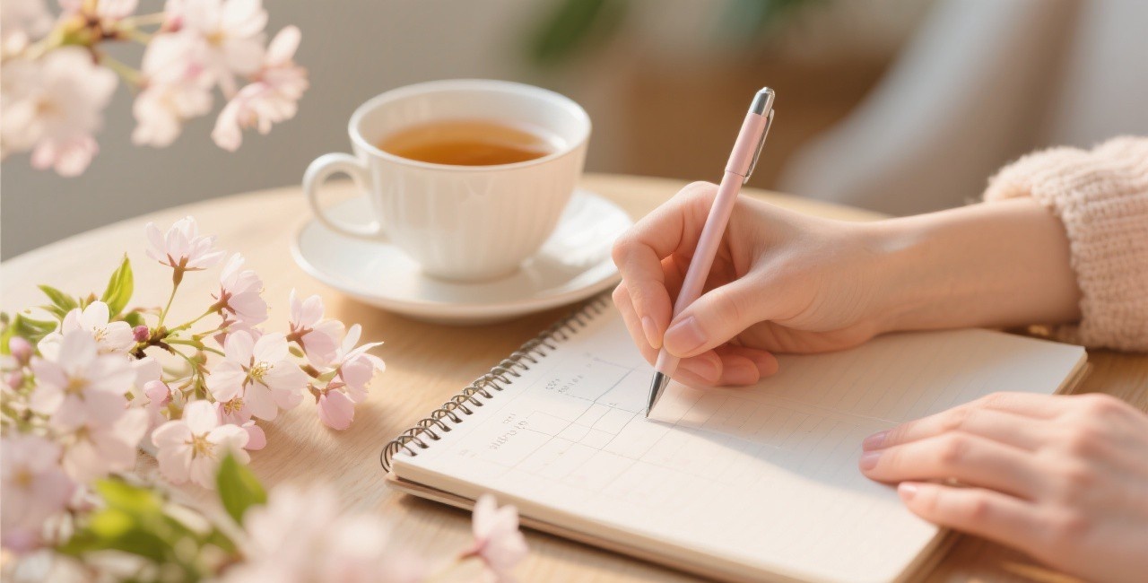 Person writing in a notebook with spring flowers, planning and goal setting