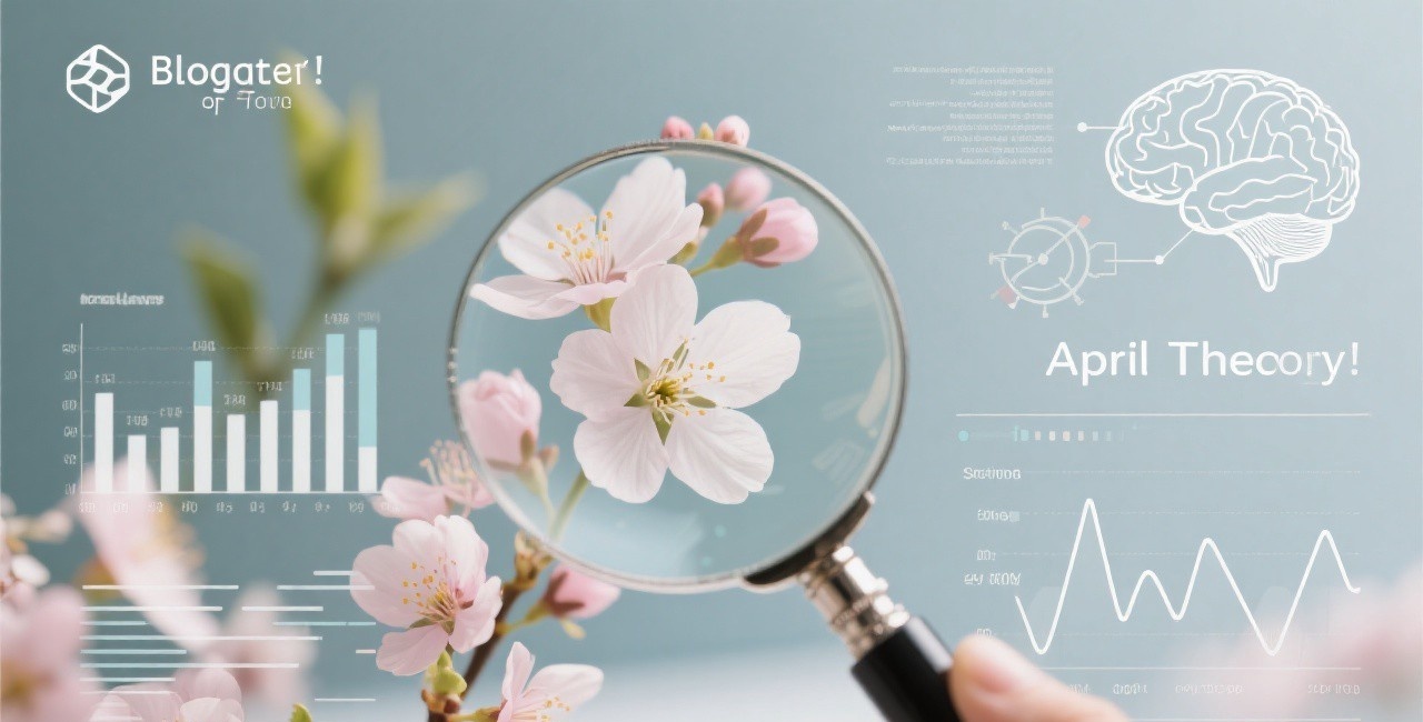 A magnifying glass examining spring flowers and scientific charts, representing the science behind April Theory