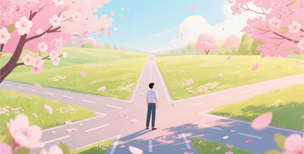 A person at a crossroads in spring with cherry blossoms, representing April Theory and the choice for new beginnings