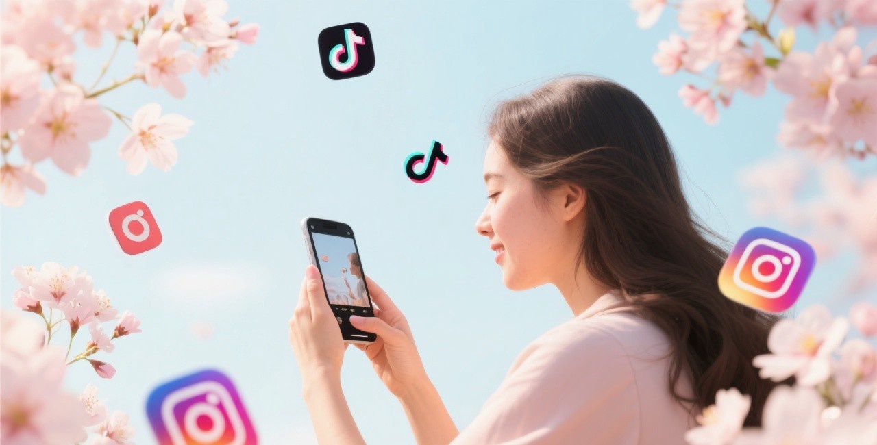 A person creating content on smartphone with spring flowers, representing the TikTok origin of April Theory